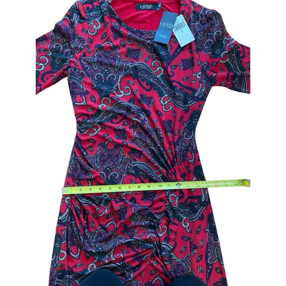 NEW Lauren Ralph Lauren Womens 4 Red Paisley Ruched Knee Length Stretch Lined - Picture 4 of 11